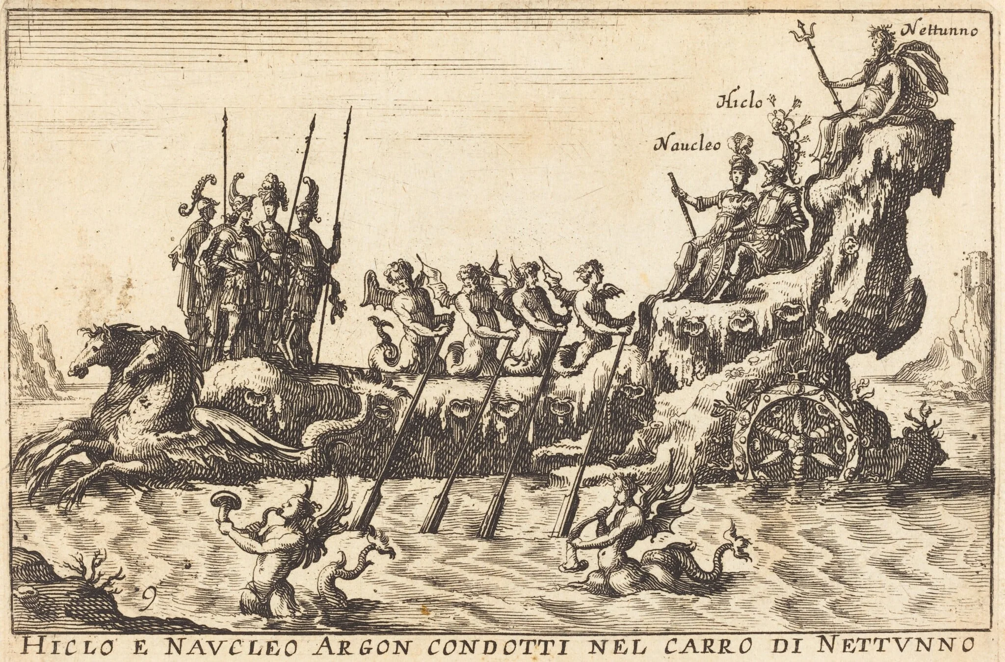 Hiclo e Naucleo Argon condotti nel carro di Nettuno, by Balthasar Moncornet, ink, 1634