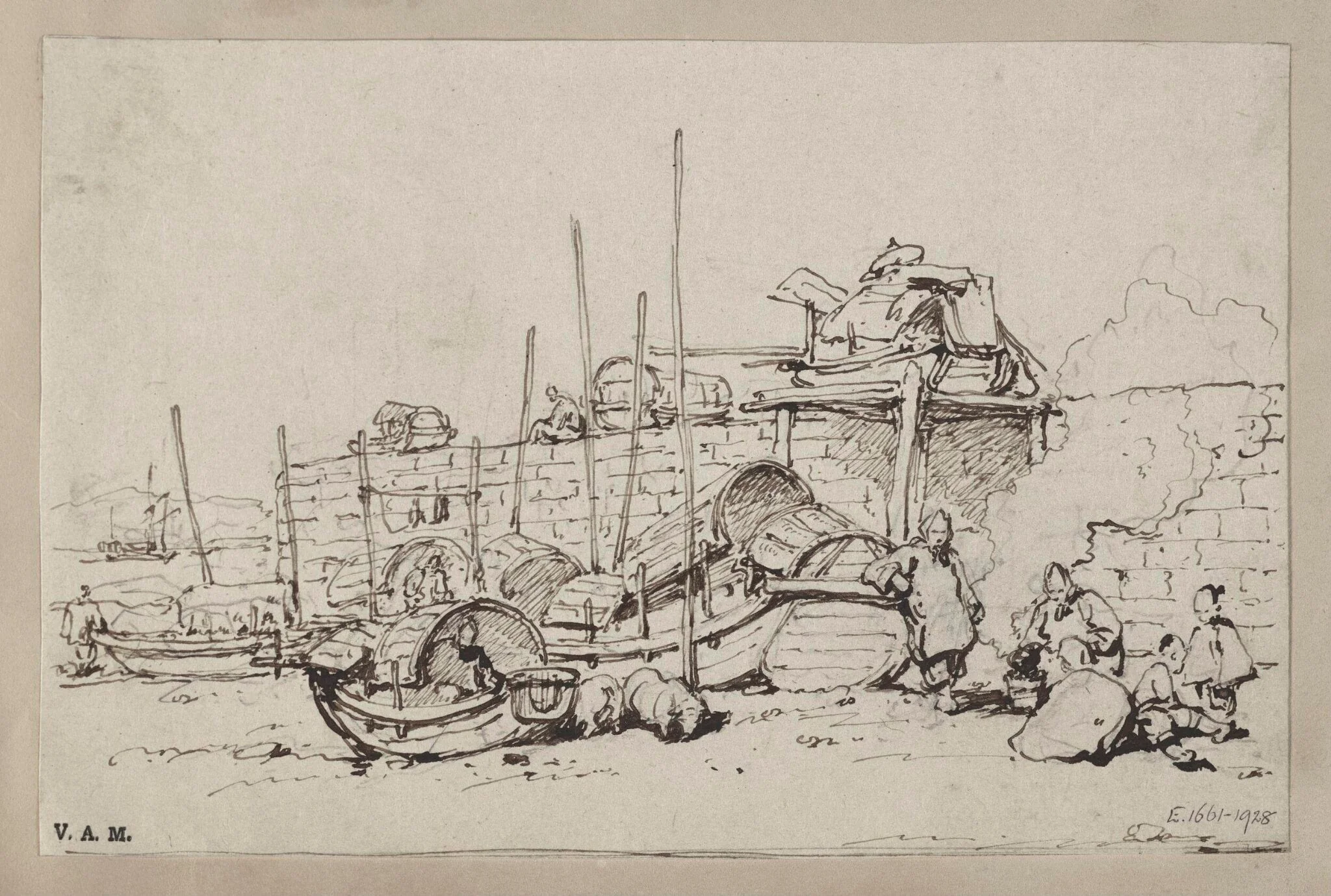 Tanka boats and boatpeople on the beach by the sea wall, Macau, by George Chinnery, 19