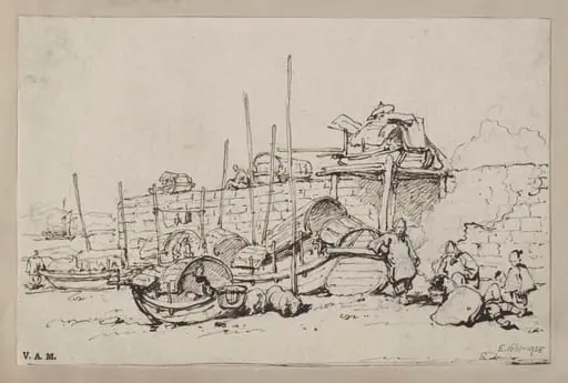 Tanka boats and boatpeople on the beach by the sea wall, Macau
