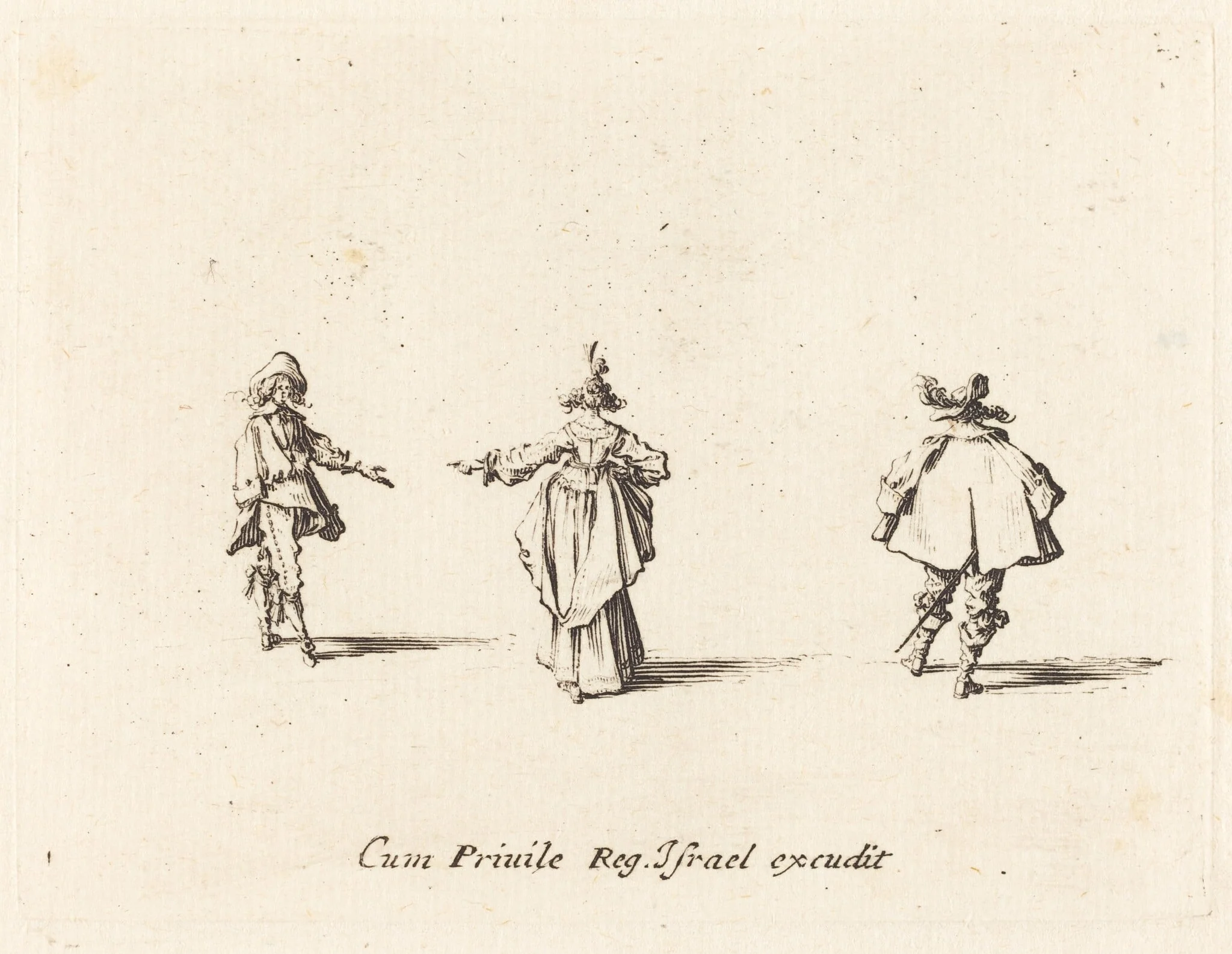 Lady with Outstretched Arm, Seen from Behind, and Two Gentlemen, by Jacques Callot, ink, 1634