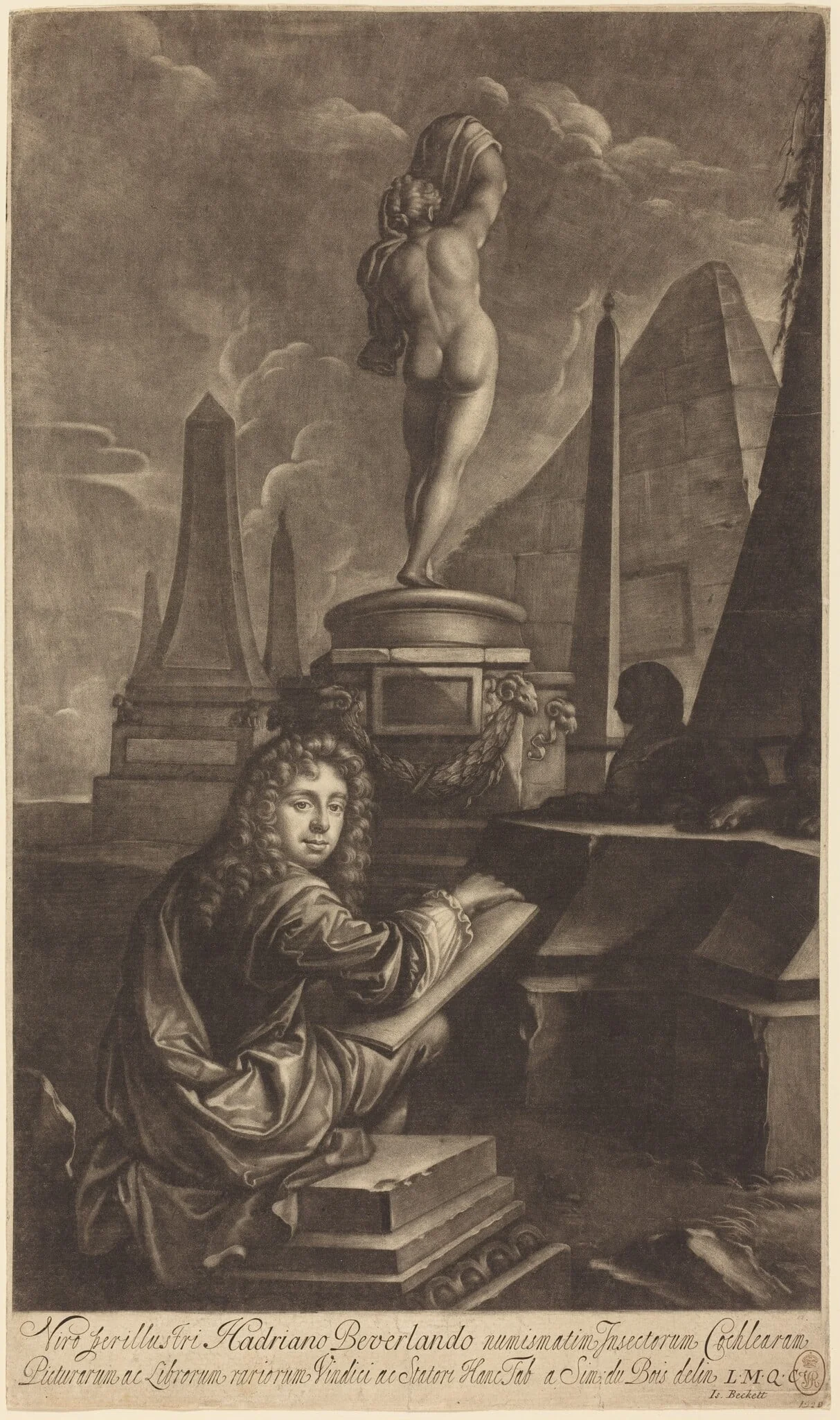 Adrian Beverland Drawing from a Statue, by Isaak Beckett, ink, 1686