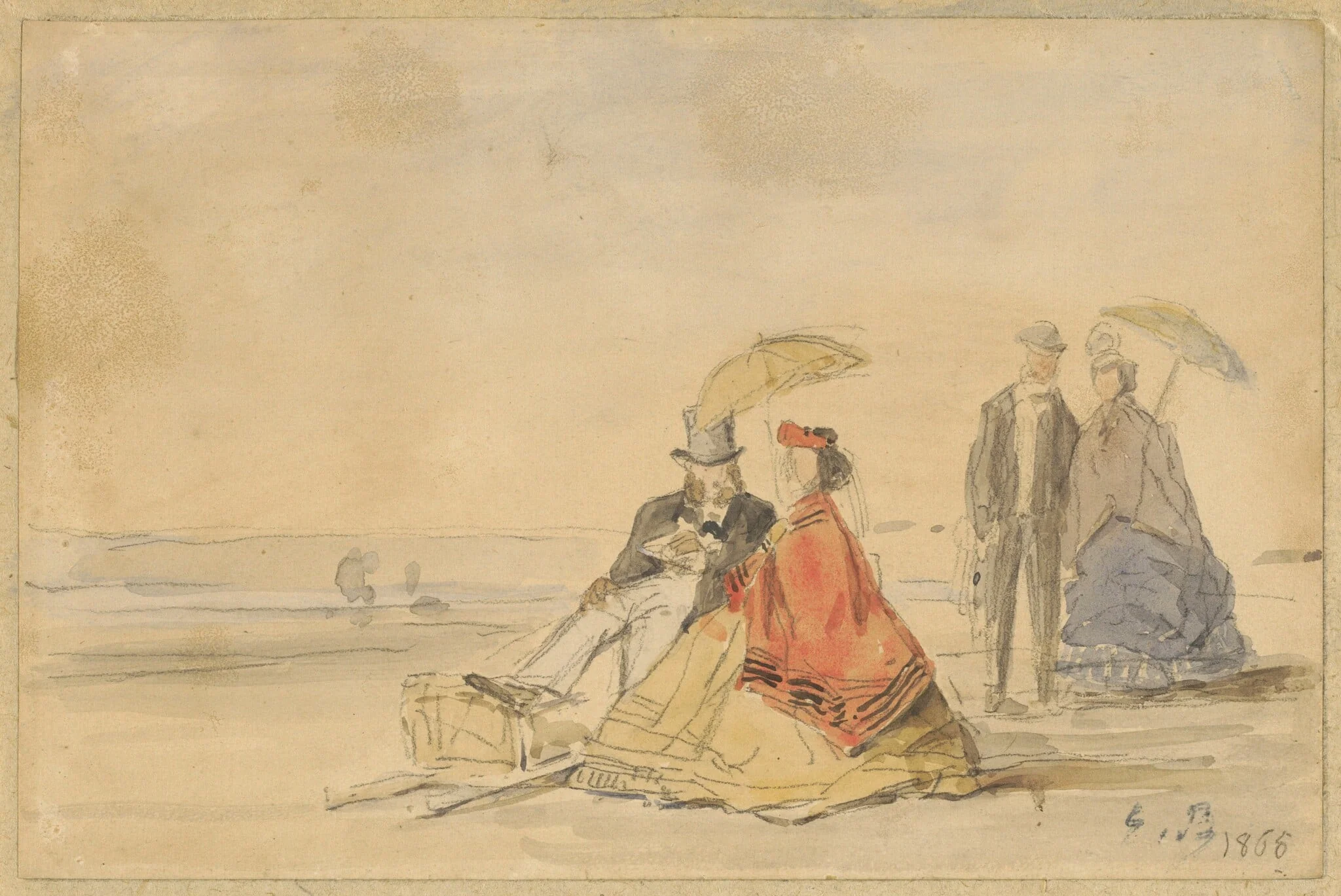 A Couple Seated and a Couple Walking on the Beach, by Eugène Boudin, graphite, 1865