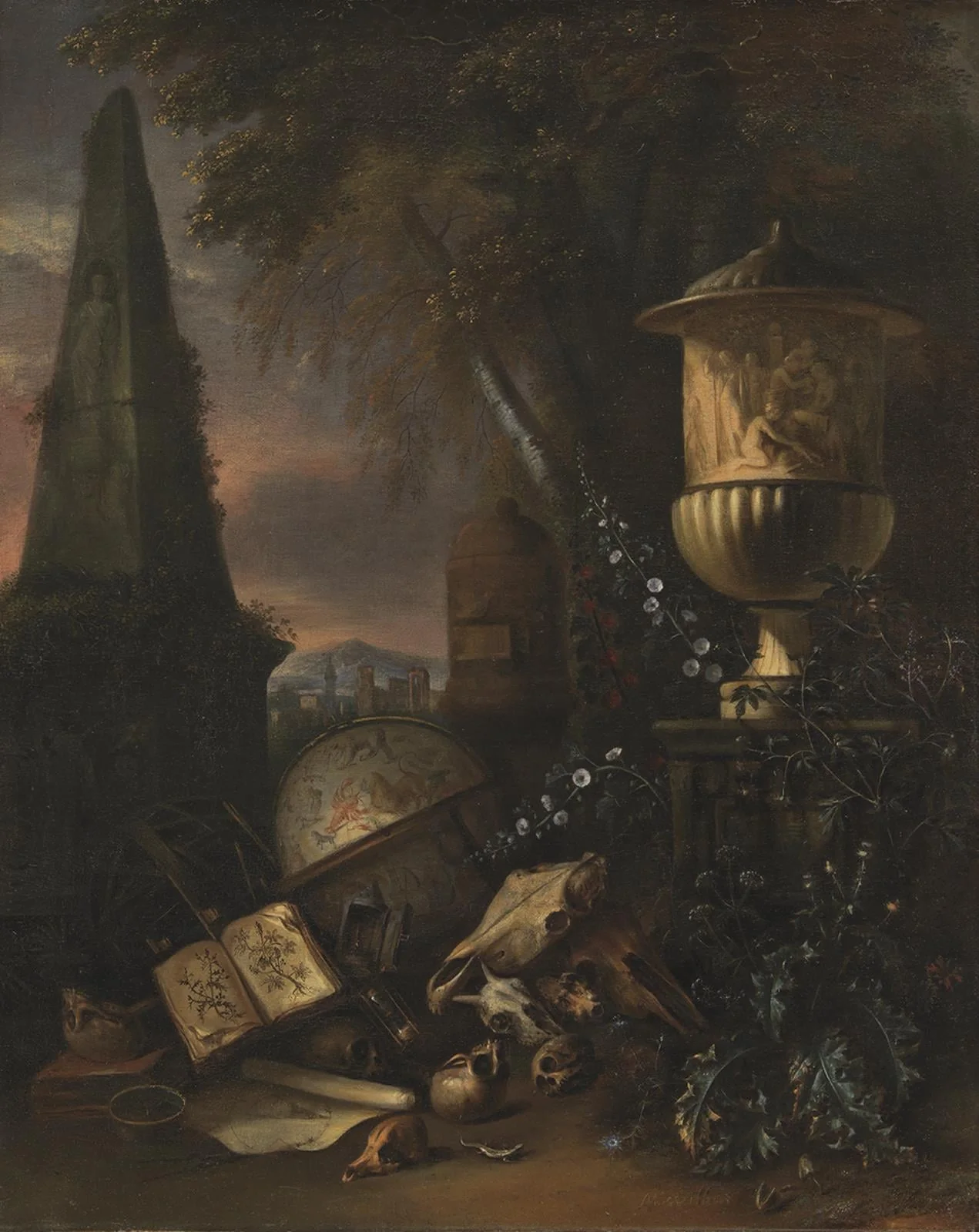 Vanitas. Still Life in a Landscape, by Unknown, unspecified, 1664