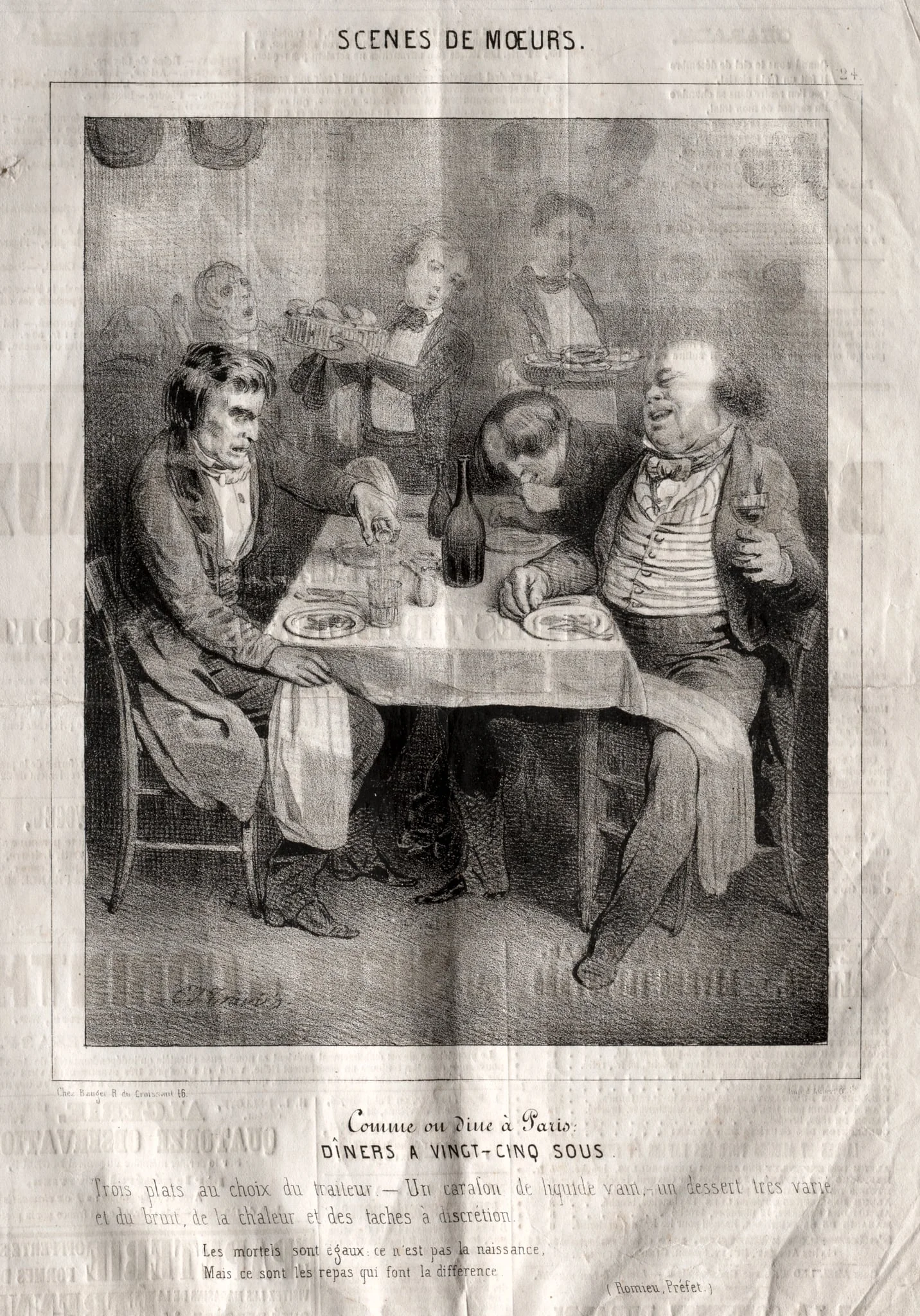 Scènes de moeurs:  Comme ou dine à Paris.  Diners a vingt-cing sous. Trois plates au choix du traiteur..., by Charles Joseph Traviès de Villers, 1838