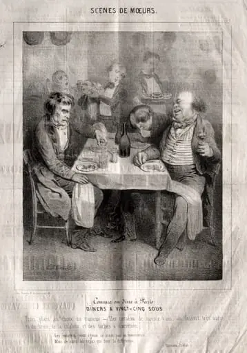 Scènes de moeurs:  Comme ou dine à Paris.  Diners a vingt-cing sous. Trois plates au choix du traiteur...