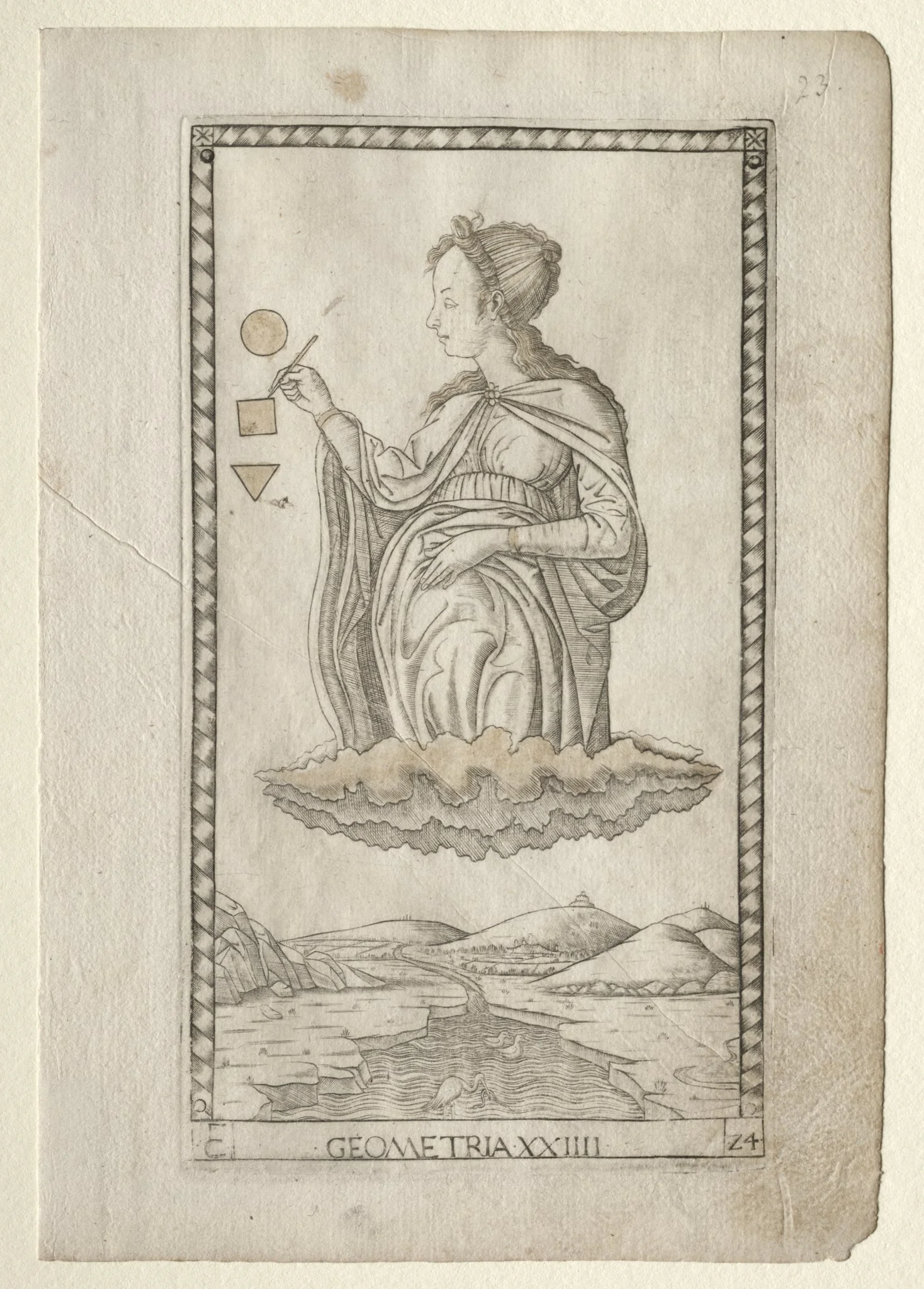 Geometry (from the Tarocchi, series C:  Liberal Arts, #24), by Master of the E-Series Tarocchi, 1467
