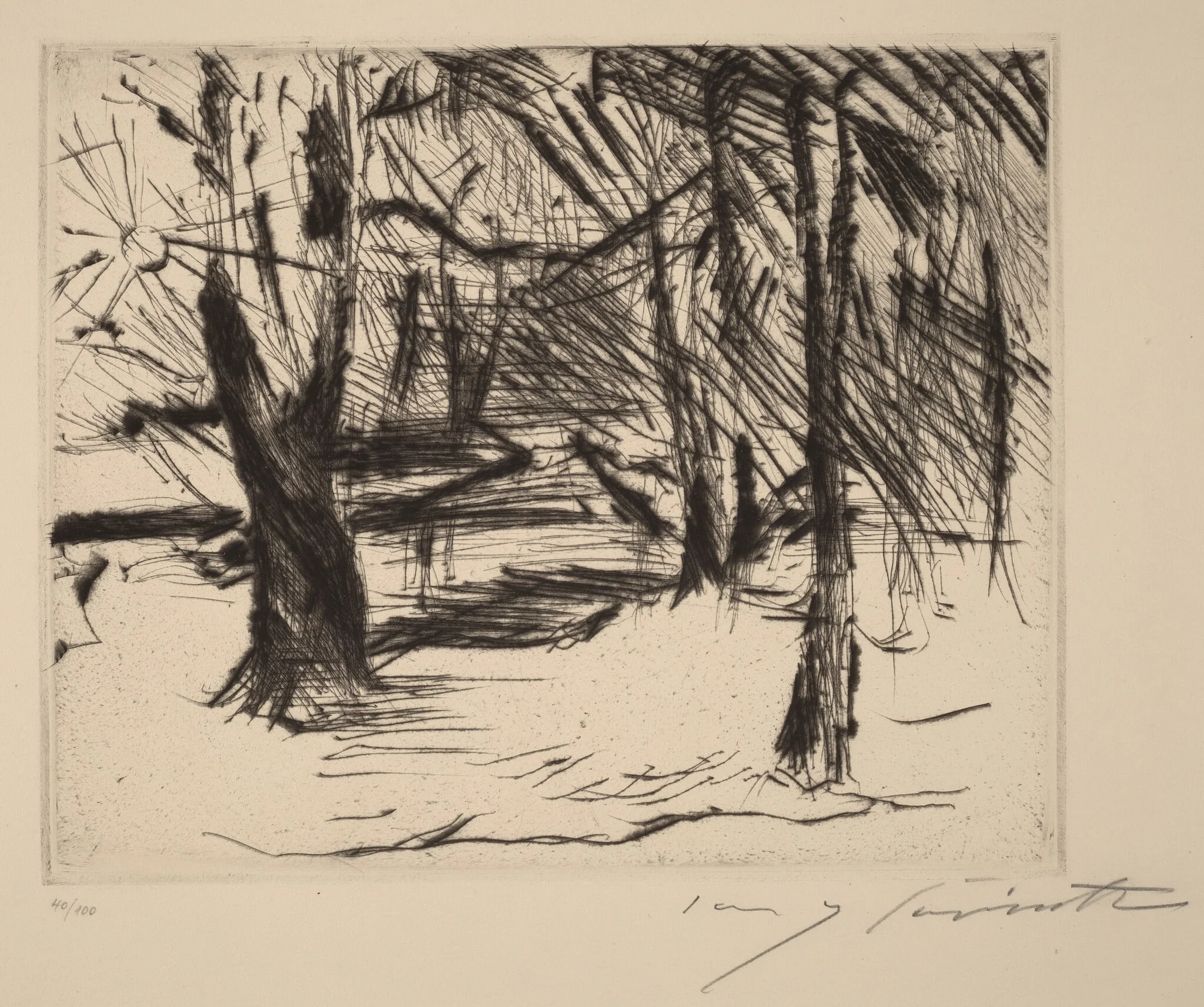 Bäume mit Sonne (Trees in the Sun), by Lovis Corinth, ink, 1920