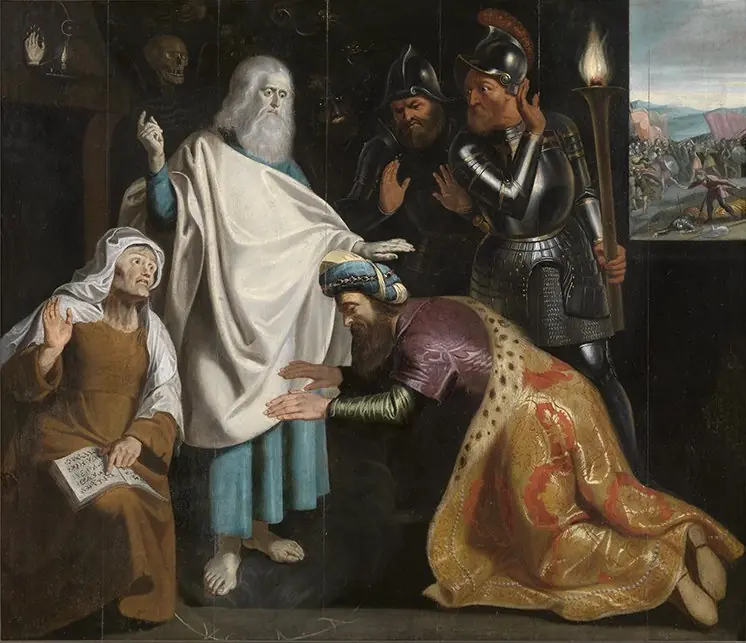 The ghost of Samuel appears to the witch of Endor; Saul falls prostrate to the ground (1 Samuel 28:3-20)