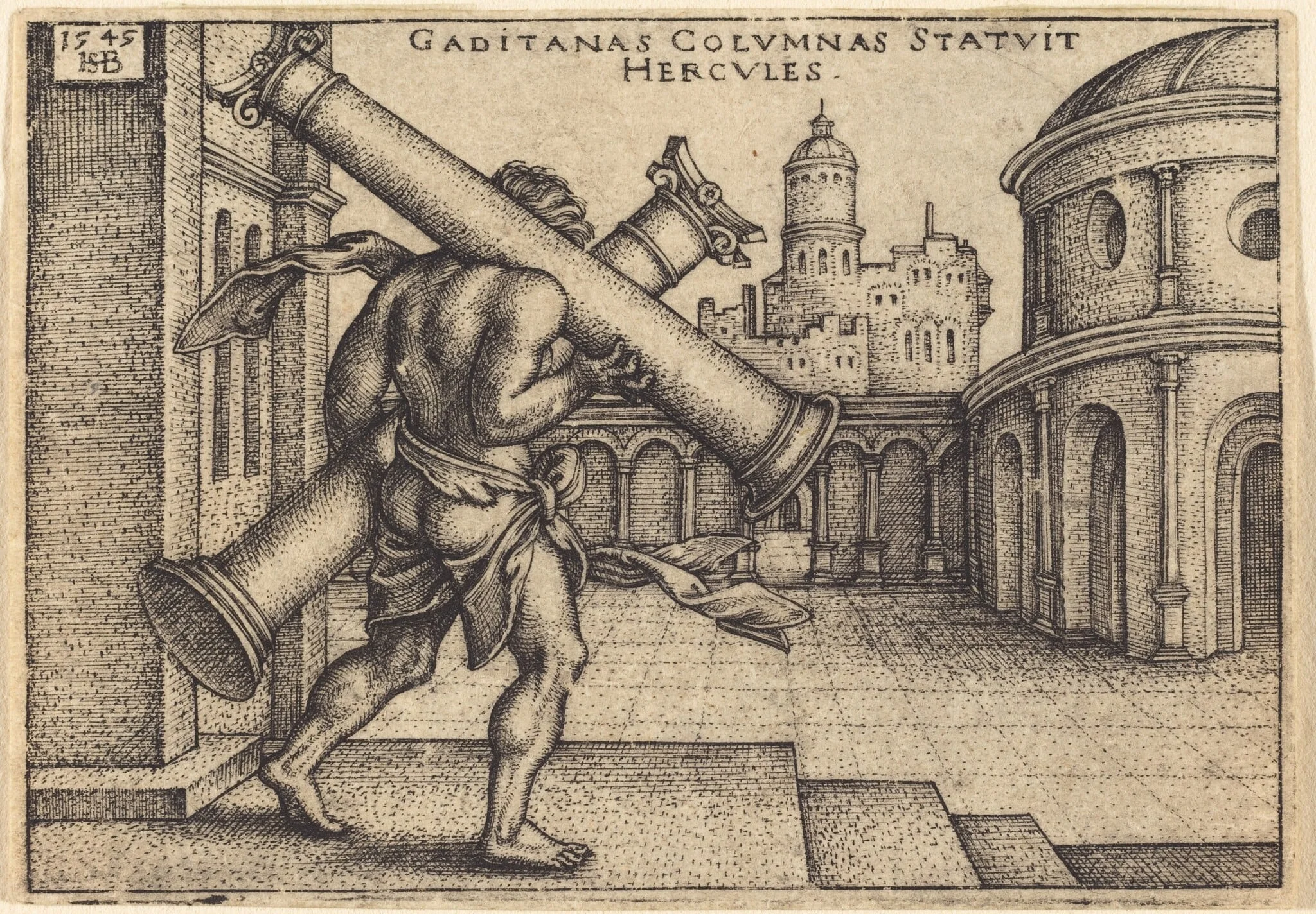 Hercules Carrying the Columns of Gades, by Sebald Beham, ink, 1545