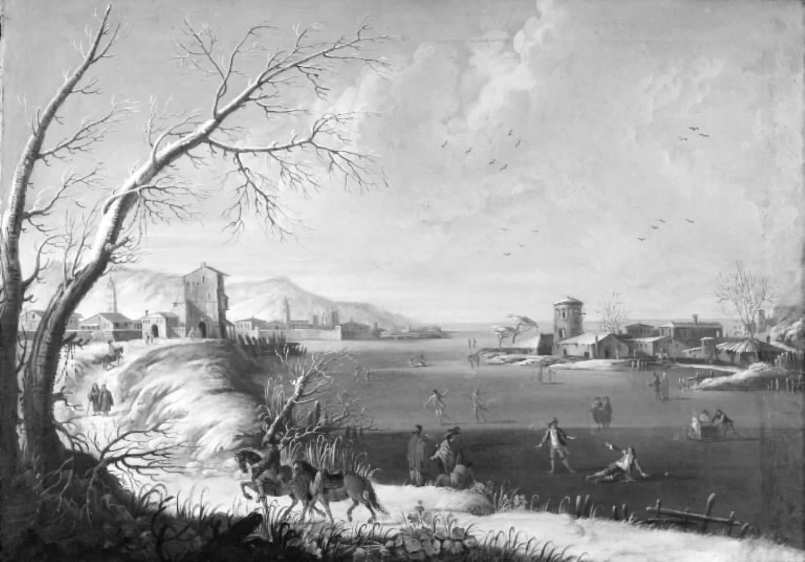 En tilfrossen sø med skøjteløbere, til venstre ses en by i mellemgrunden, by Unknown, 1750