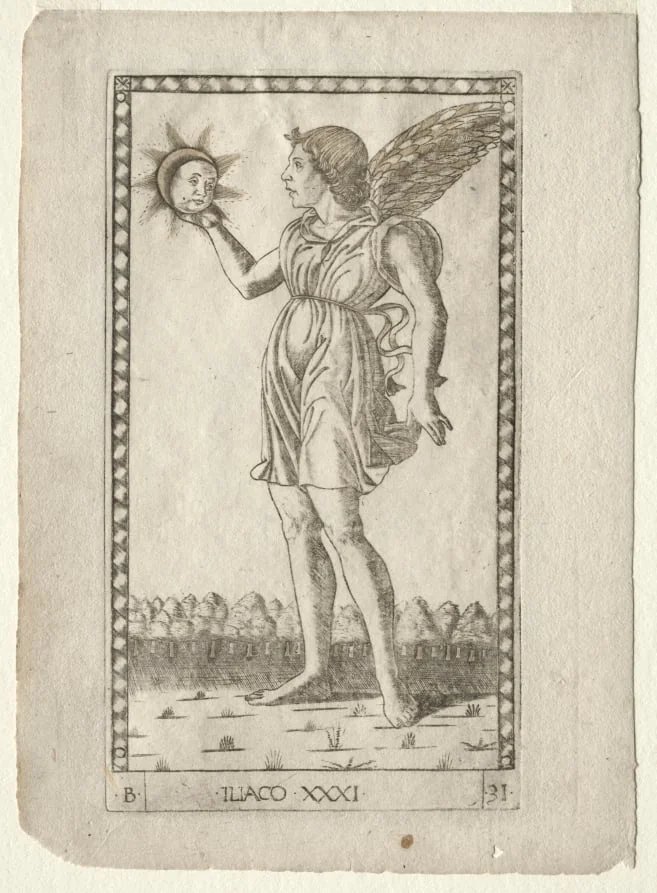 Genius of the Sun (from the Tarocchi, series B: Cosmic Principles & Virtues, #31), by Master of the E-Series Tarocchi, 1467