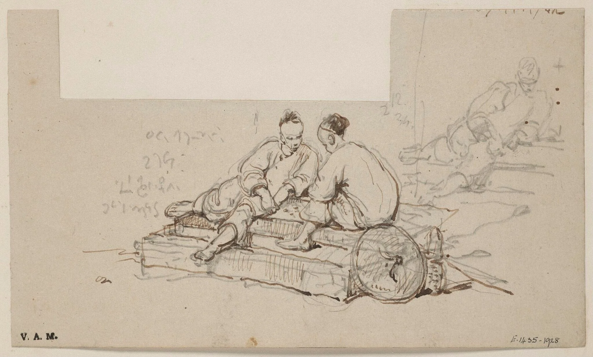 Two figures seated on a pair of  steps, by George Chinnery, 1