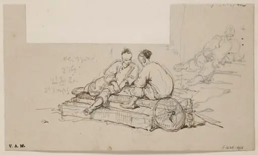 Two figures seated on a pair of  steps