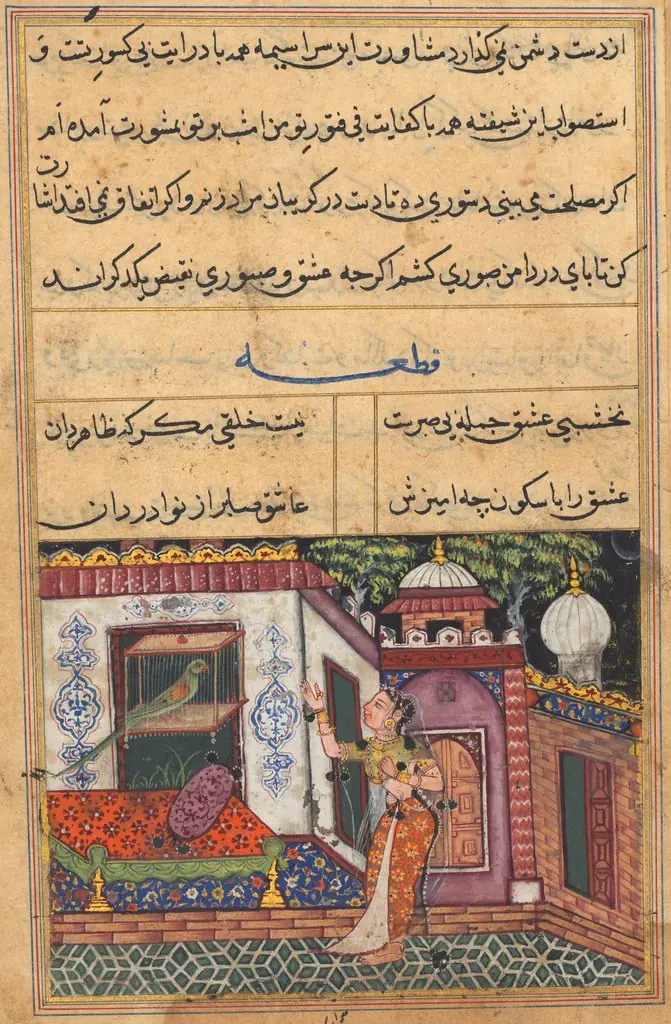 The Parrot Addresses Khujasta at the Beginning of the Eleventh Night, from a Tuti-nama (Tales of a Parrot)