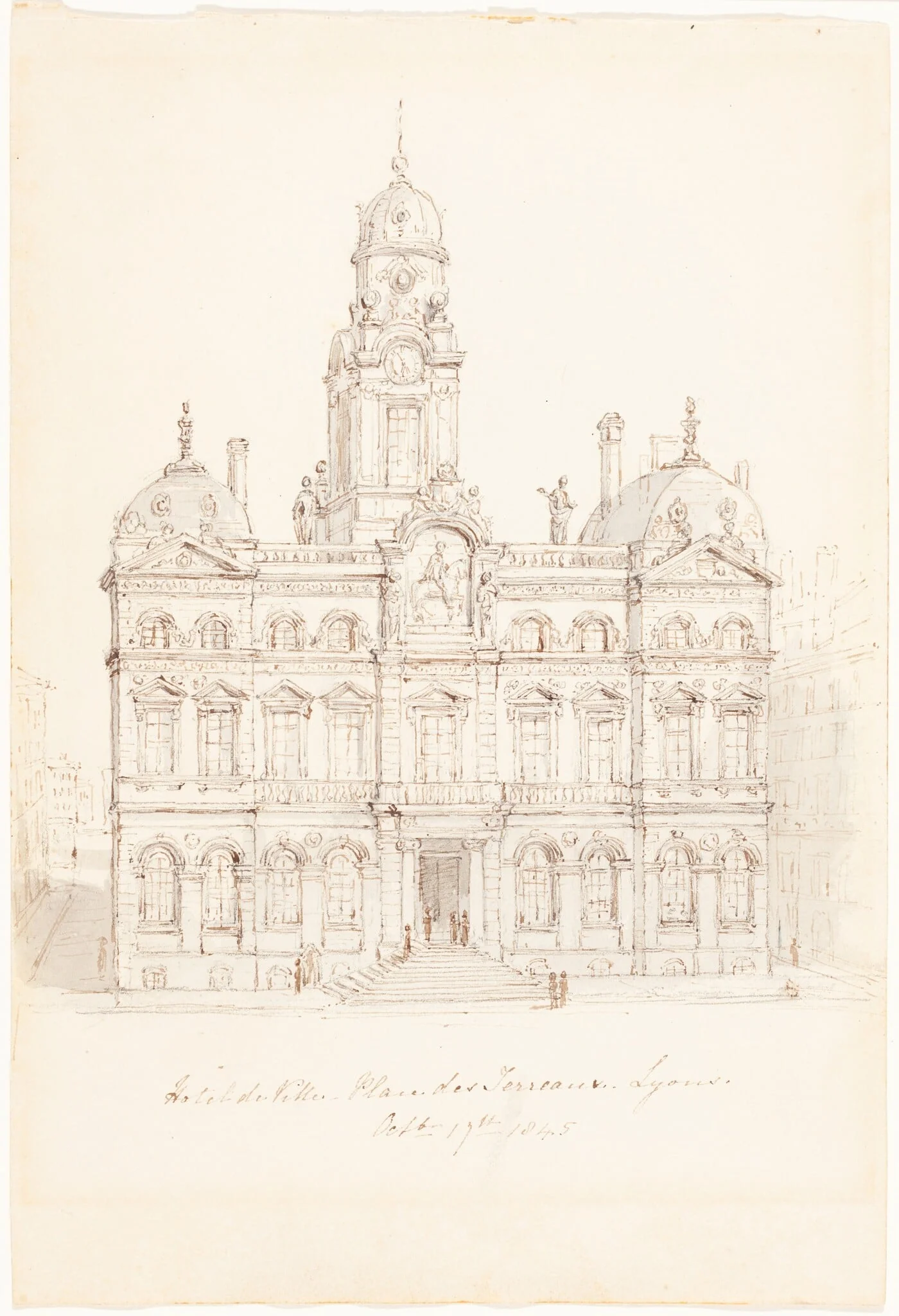 Hôtel de Ville, Place des Terreaux, Lyons, by Robert Smirke, ink, 1845