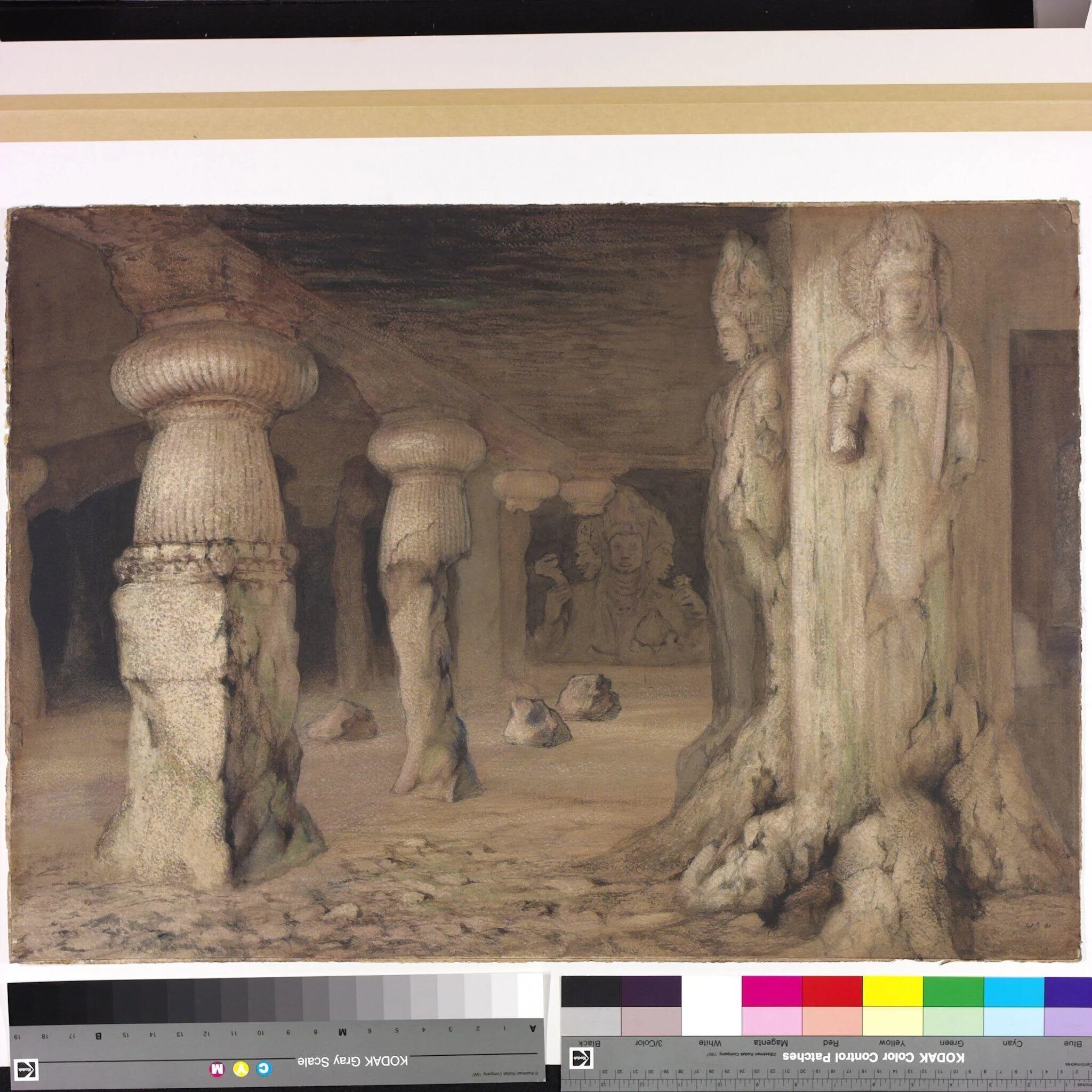 The Trimurti cave at Elephanta Caves, Bombay, by George Landseer, paint, 1860
