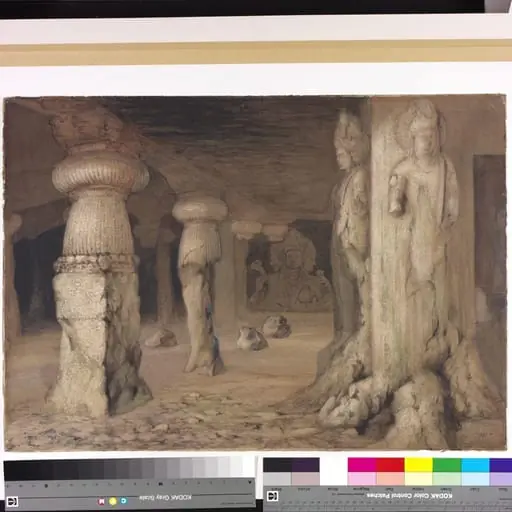 The Trimurti cave at Elephanta Caves, Bombay