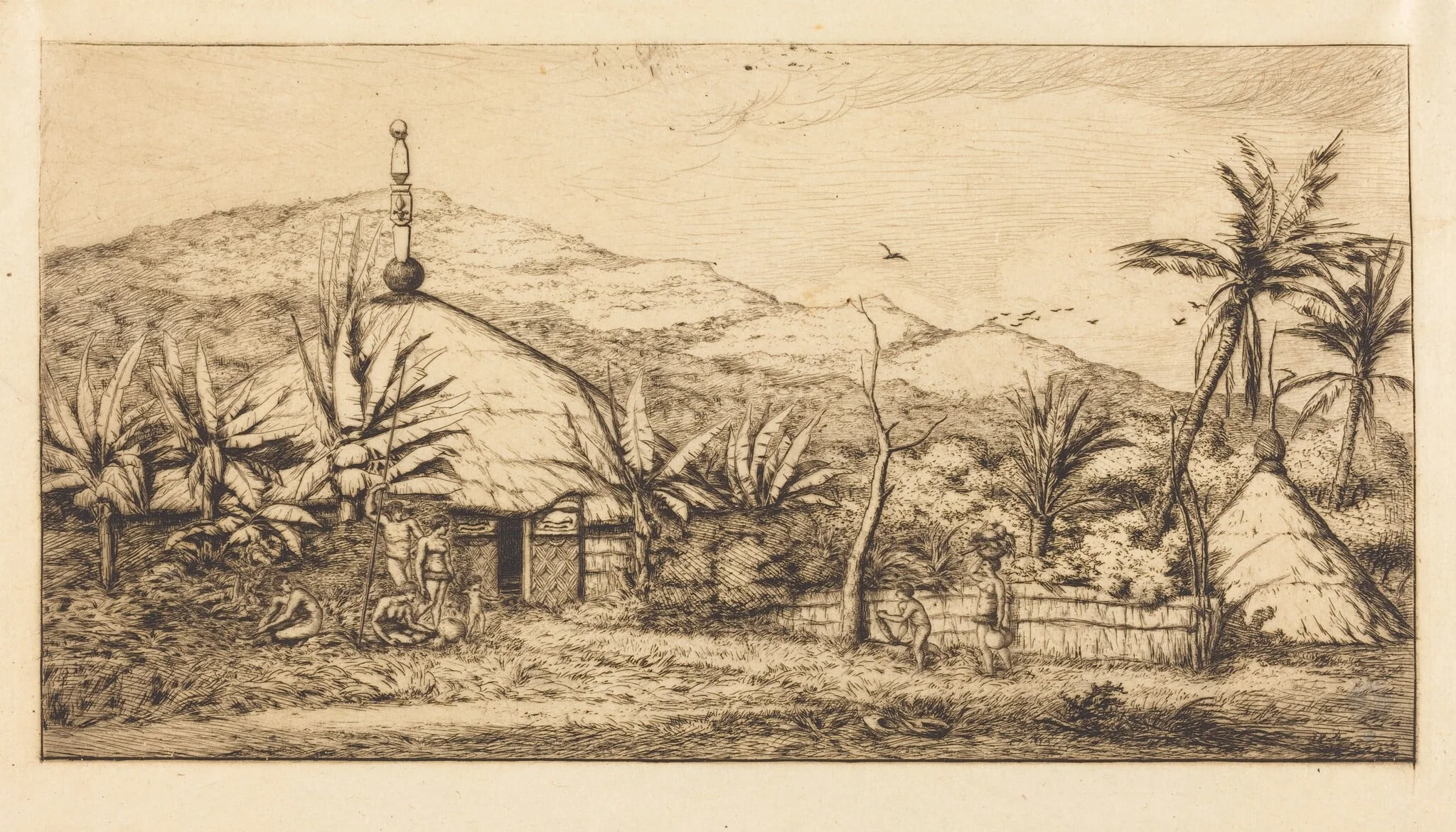 Nouvelle-Calédonie: Grande case indigène sur le chemin de Ballade à Poepo, 1845 (New Caledonia: Large Native Hut on the Road from Balade to Puebo, 1845), by Charles Meryon, ink, 1863