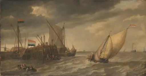 Travellers Disembarking at a Jetty on the Scheldt in Strong Winds