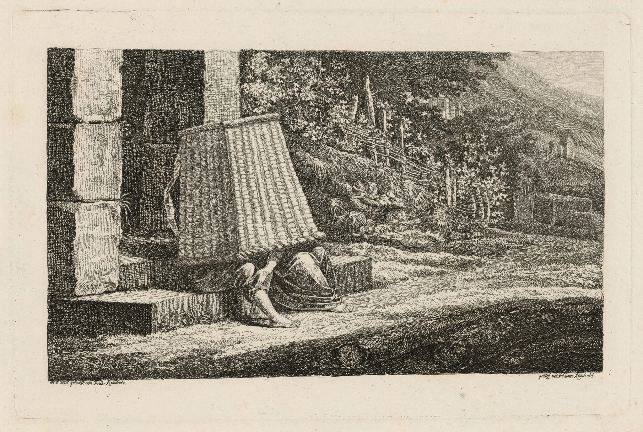 A Young Couple under a Large Wicker Basket, by Heinrich Carl Reinhold, ink, 1816