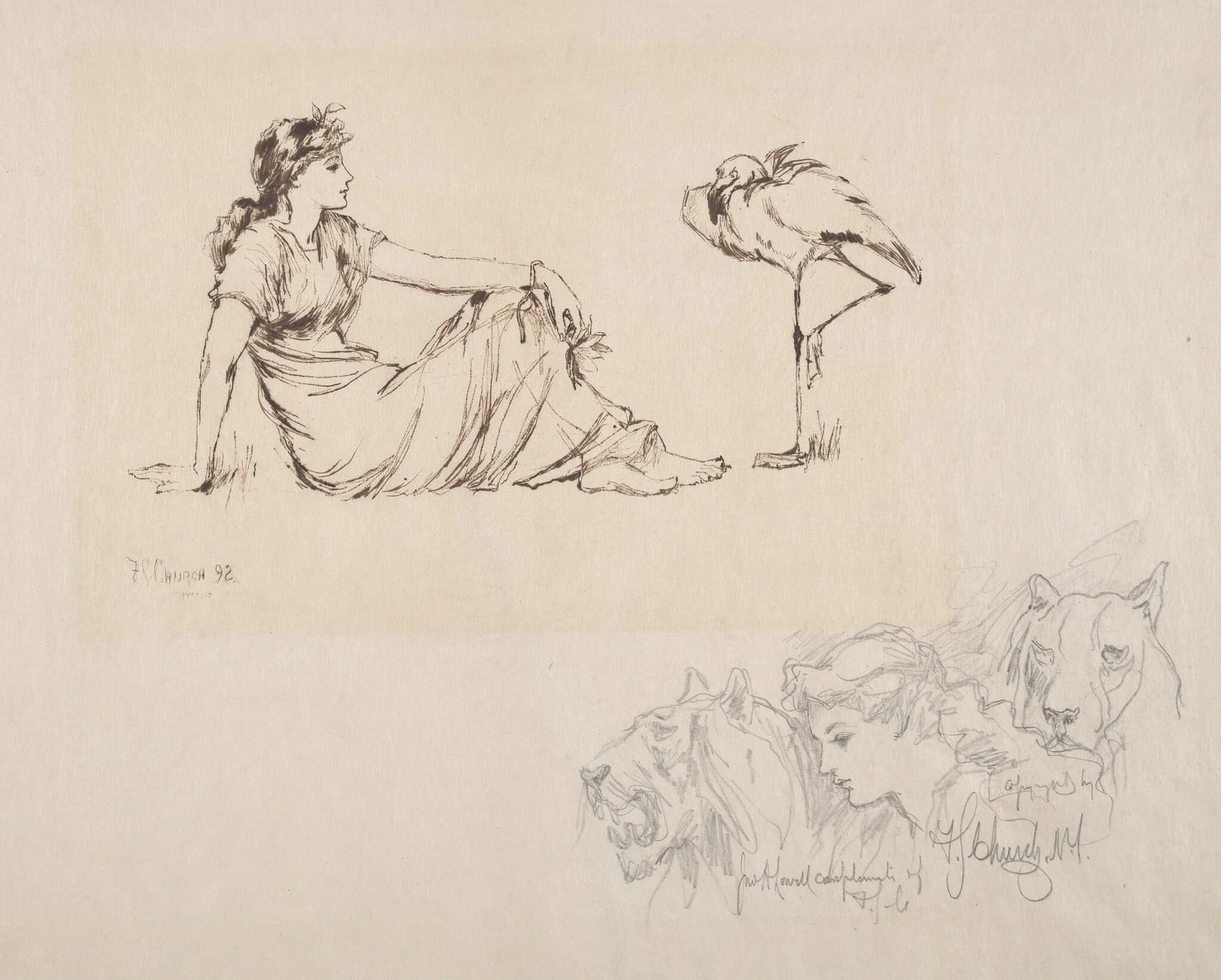 Woman and a Crane (Vigilance?), by Frederic Stuart Church, graphite, 1892