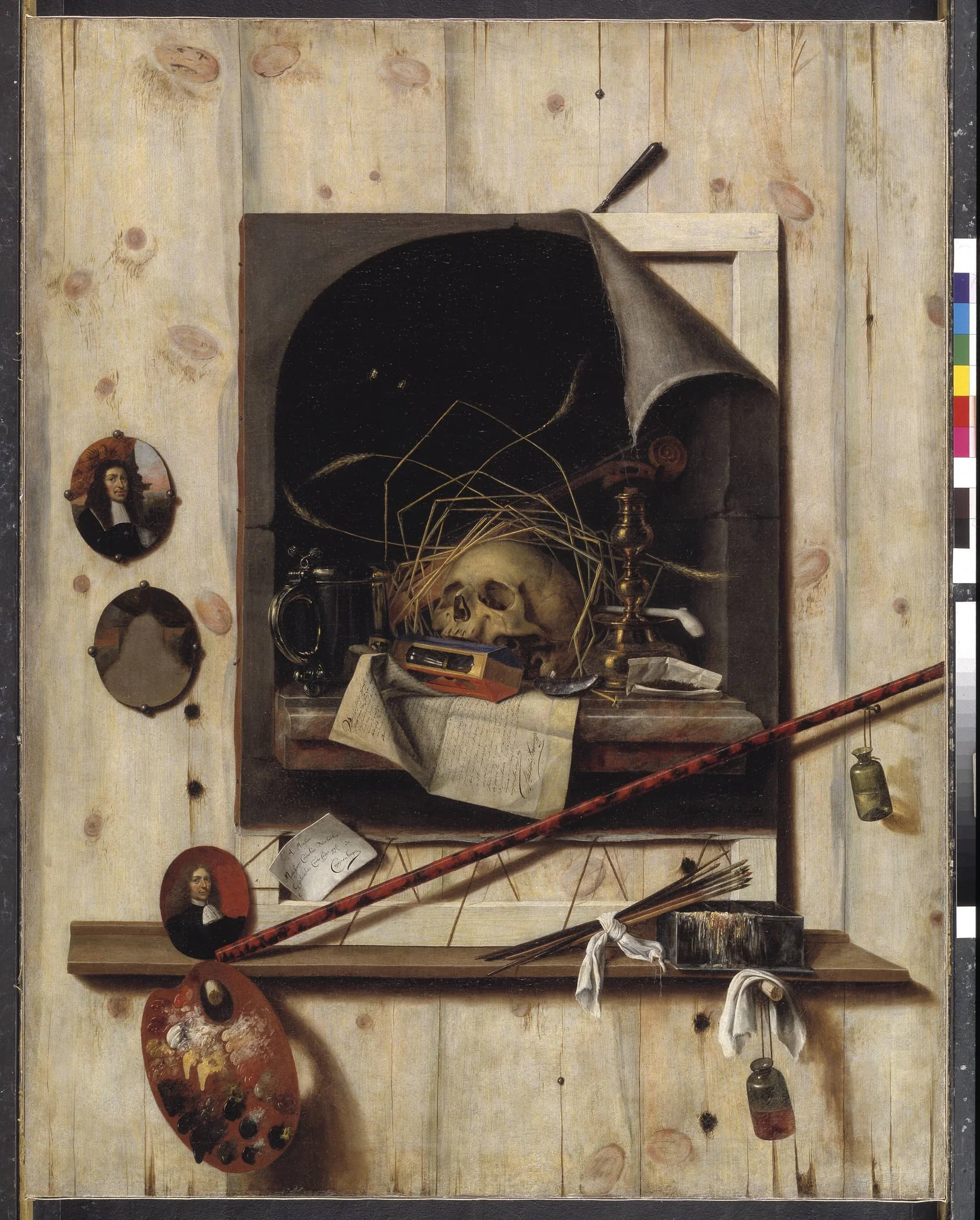Trompe l'oeil with Studio Wall and Vanitas Still Life, by Unknown, unspecified, 1668