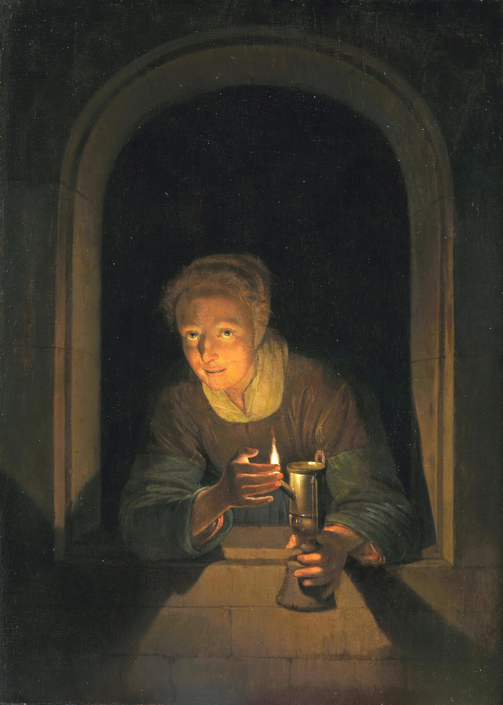 Young Woman Holding a Lamp, by Gerrit Dou, oil, 1665