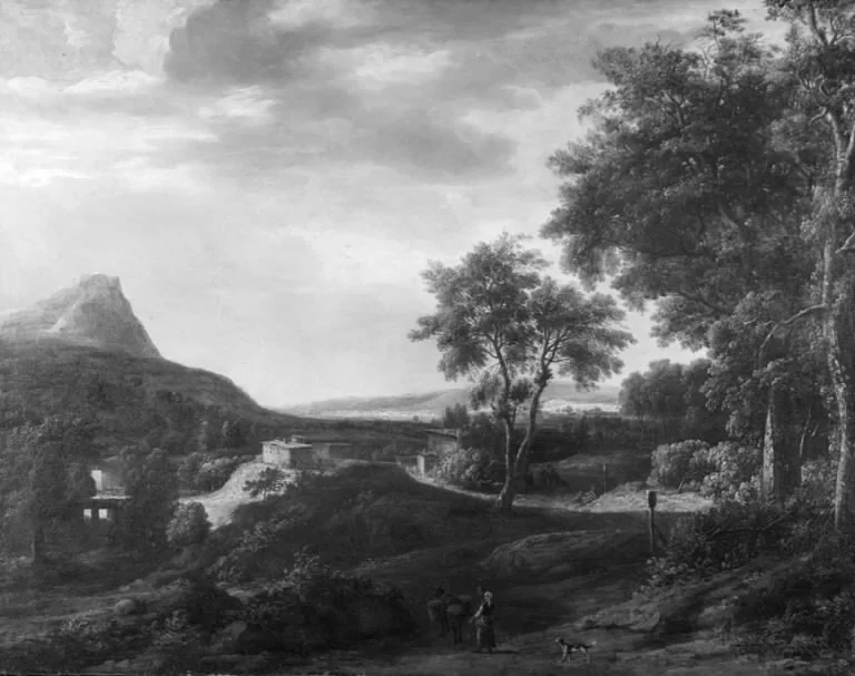 Forest View with Mountains, by Roelant Roghman, oil, 1669