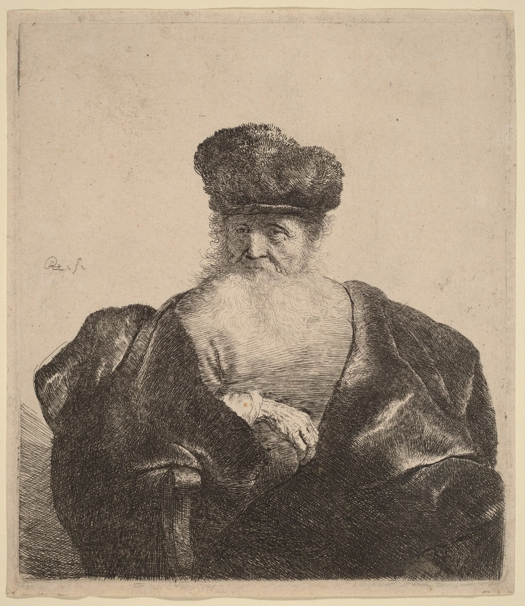 Old Man with Beard, Fur Cap, and Velvet Cloak, by Rembrandt, ink, 1632