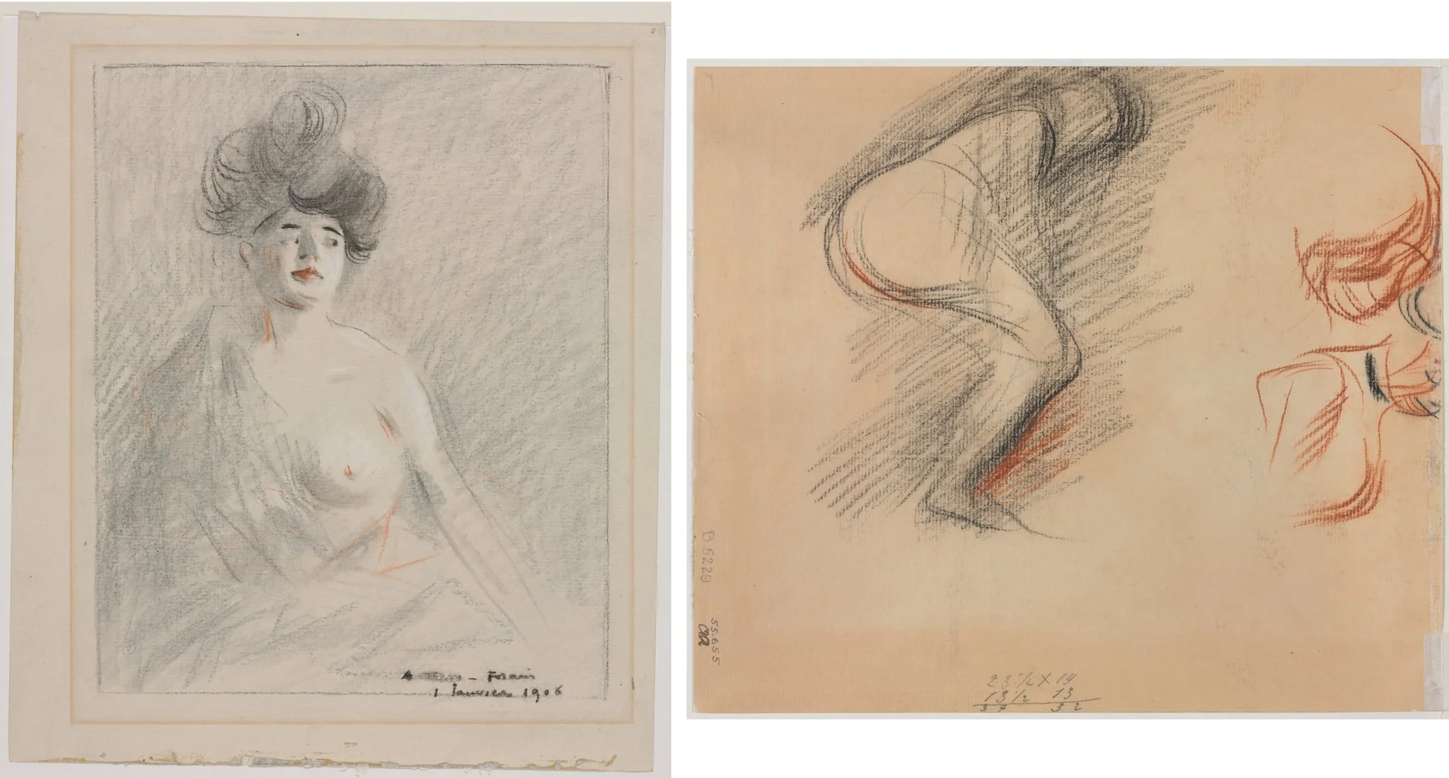 Courtesan (recto) Figure Sketches (verso), by Jean-Louis Forain, 1906