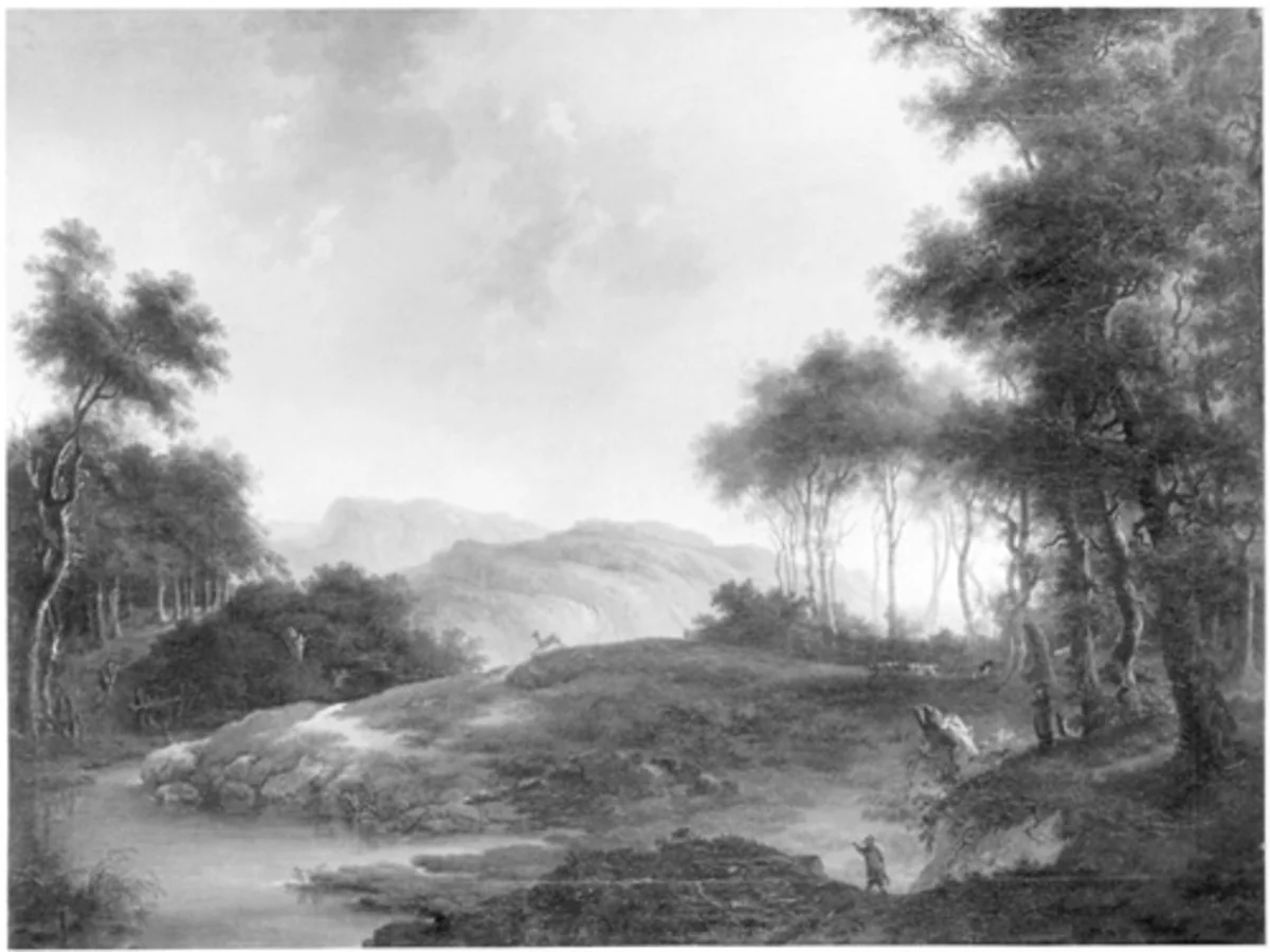 Komponierte Landschaft mit Jägern, by Johann Balthasar Bullinger, oil, 1763
