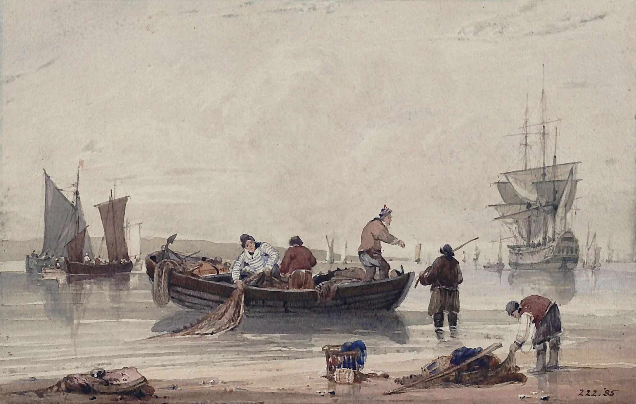 River scene with fishermen and boats, by Samuel Owen, watercolor, 1790