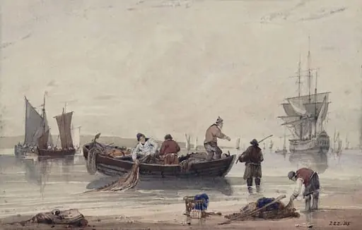 River scene with fishermen and boats