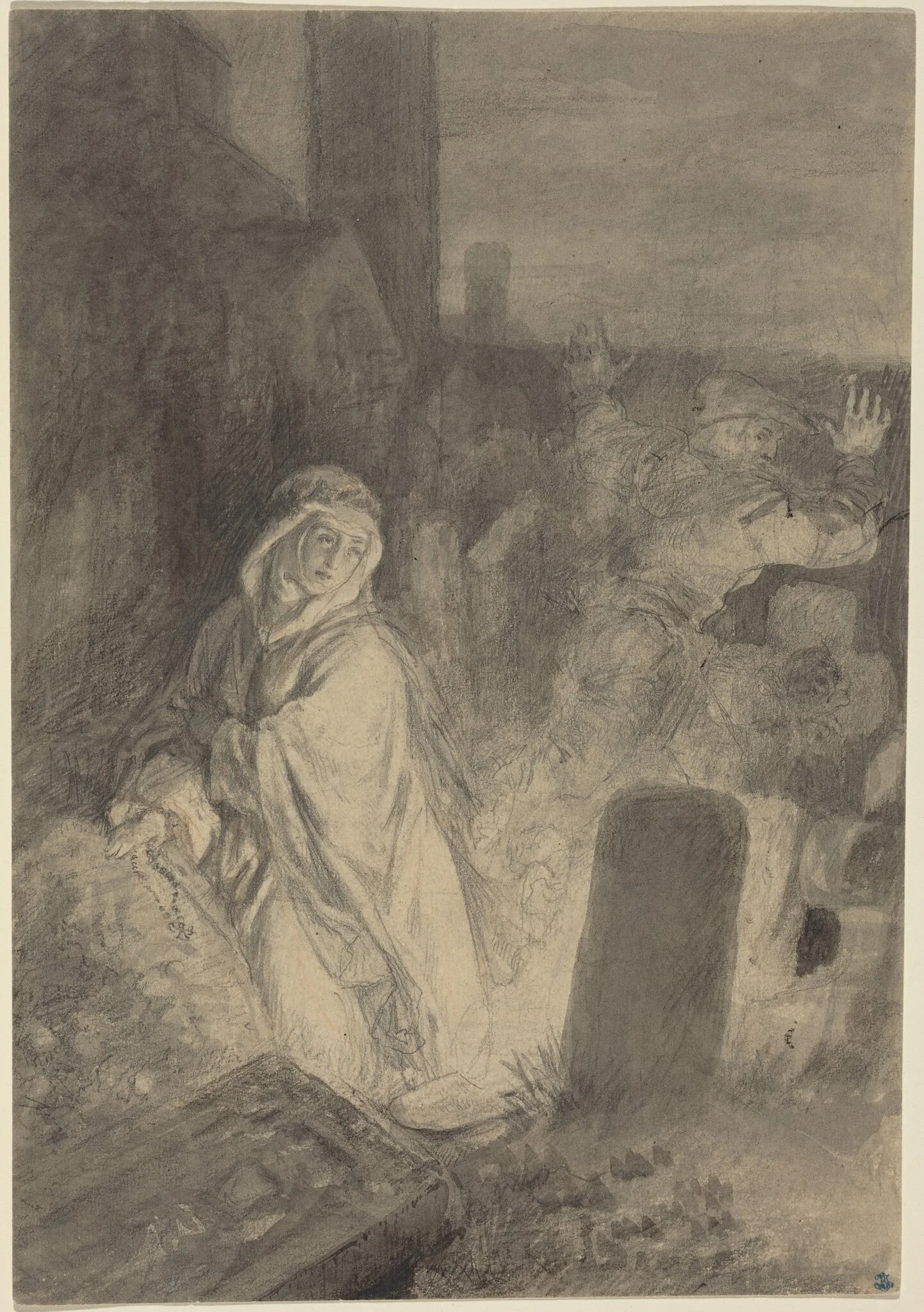 A Man Fleeing from a Nun Praying in a Cemetery, by Joseph Fay, graphite, 1844