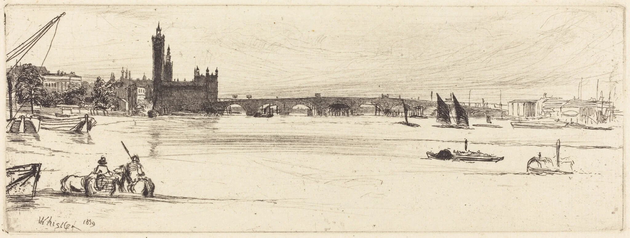 Old Westminster Bridge, by James McNeill Whistler, ink, 1859
