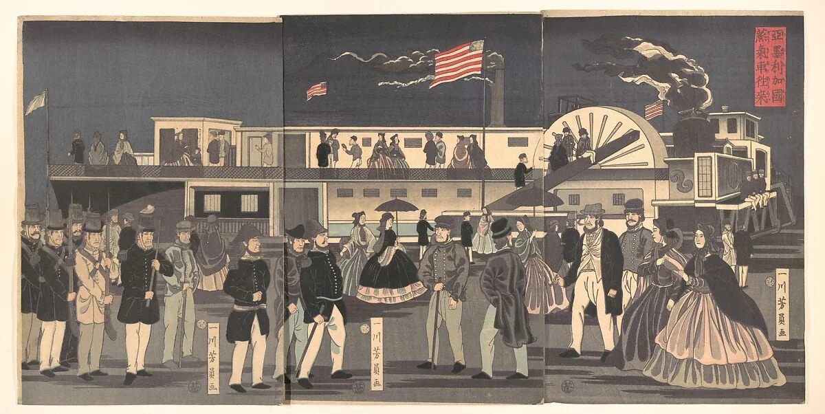 「亞墨利加國蒸氣車往来」|“America”: A Steamship in Transit, by Utagawa Yoshikazu, ink, 1861