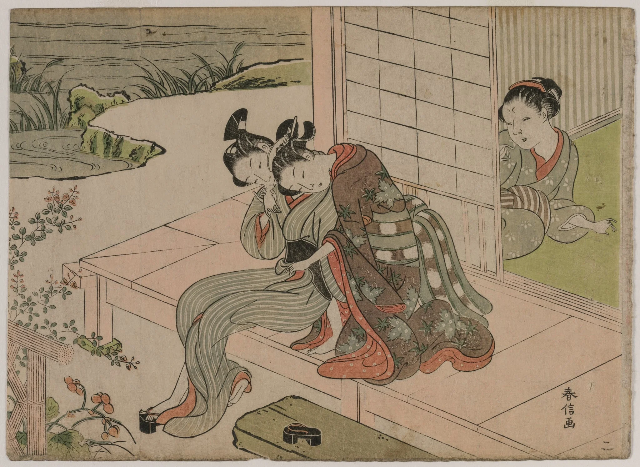 Woman Watching Young Couple Embrace on a Veranda, by Suzuki Harunobu, 1764