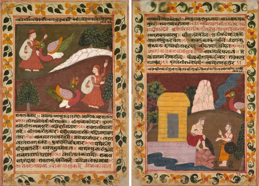 Folio 18 from a Chandana Malayagiri Varta (Story of King Chandana and Queen Malayagiri) of Karamachand: Ravana battles the great vulture Jatayu and defeats him by throwing stones in his mouth (recto); Jatayu approaches Rama and Lakshmana who are wondering where Sita could be (verso), by Unknown, unspecified, 1744
