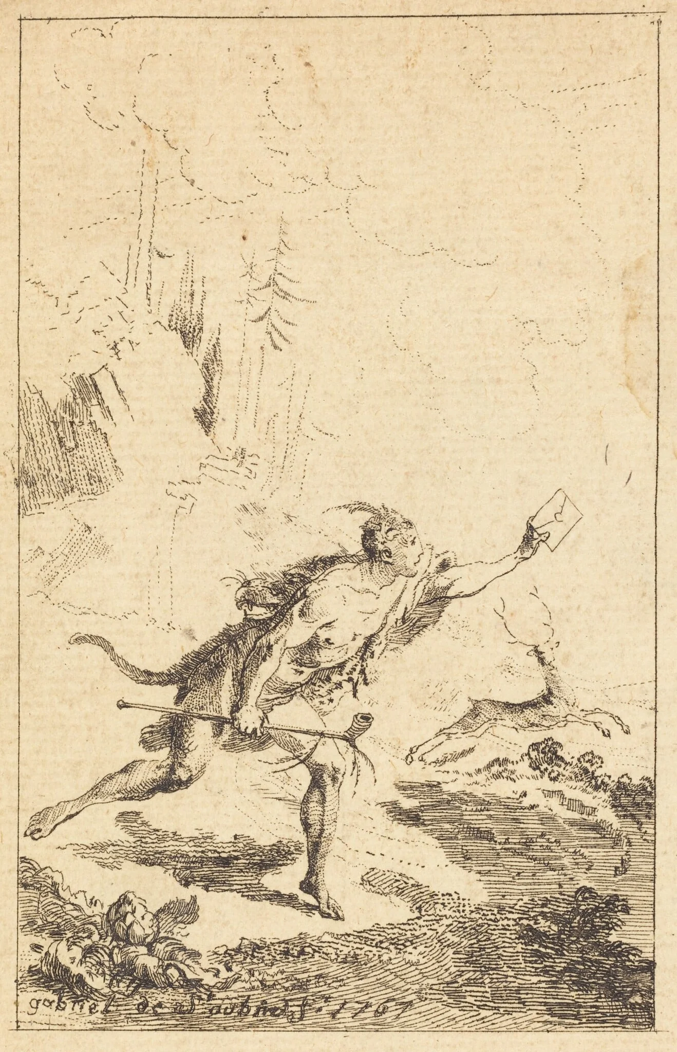 Envoy to M. de Saint-Denis by M. de Belle-Isle, Prisoner [left], by Gabriel de Saint-Aubin, ink, 1767