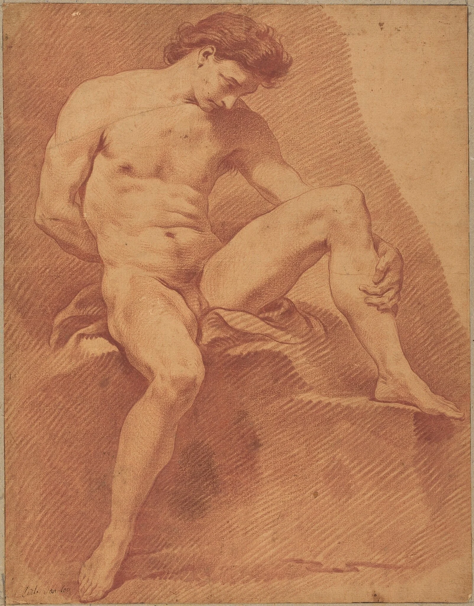 A Seated Male Nude, by Carle Van Loo, chalk, 1735