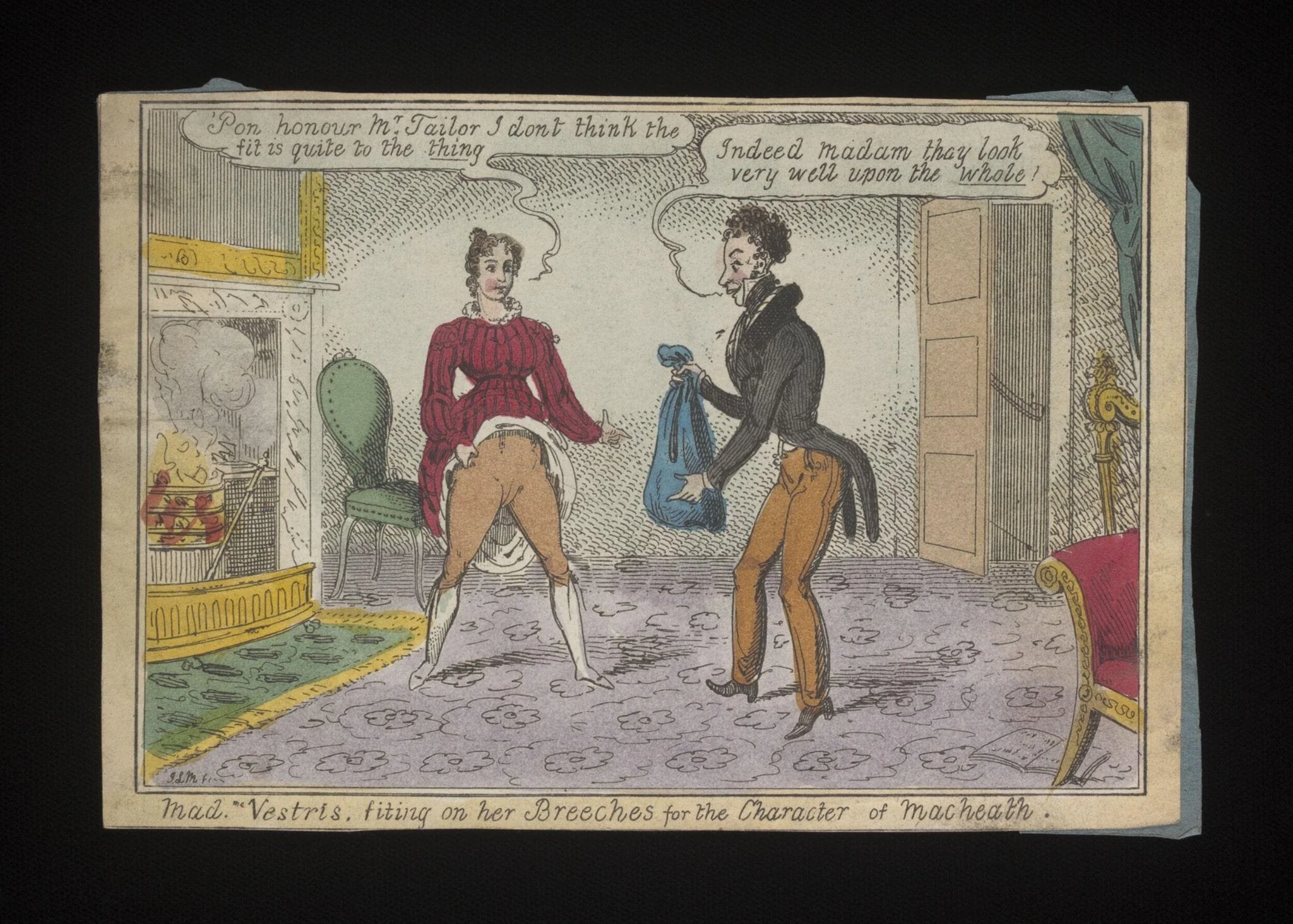Mad. Vestris, fitting on her Breeches for the Character of Macheath, by John Duncombe, 1850