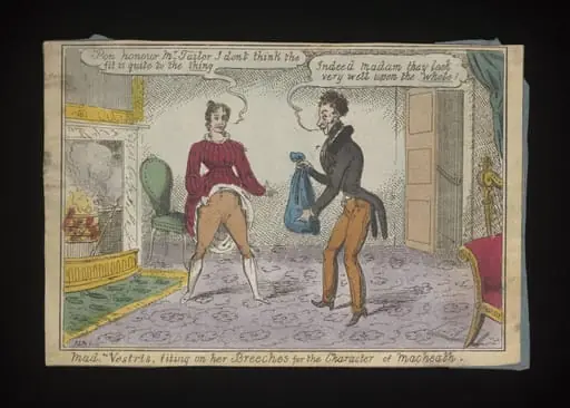 Mad. Vestris, fitting on her Breeches for the Character of Macheath