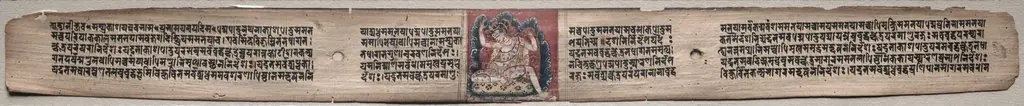 Folio 22 from a Gandavyuha-sutra (Scripture of the Supreme Array): Samantabhadra spinning clouds of things (recto); Text (verso)