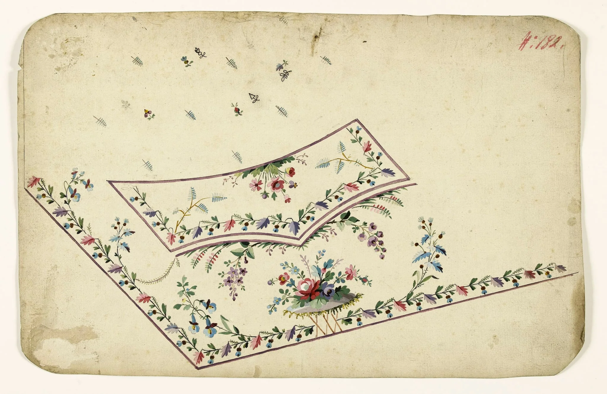 Composition florale sur tertre rocheux, frises de fleurs et de feuilles, projets de broderies de gilet, XVIIIème siècle, by Anonyme, 1750