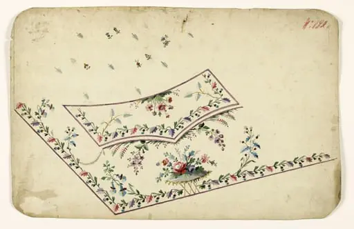 Composition florale sur tertre rocheux, frises de fleurs et de feuilles, projets de broderies de gilet, XVIIIème siècle