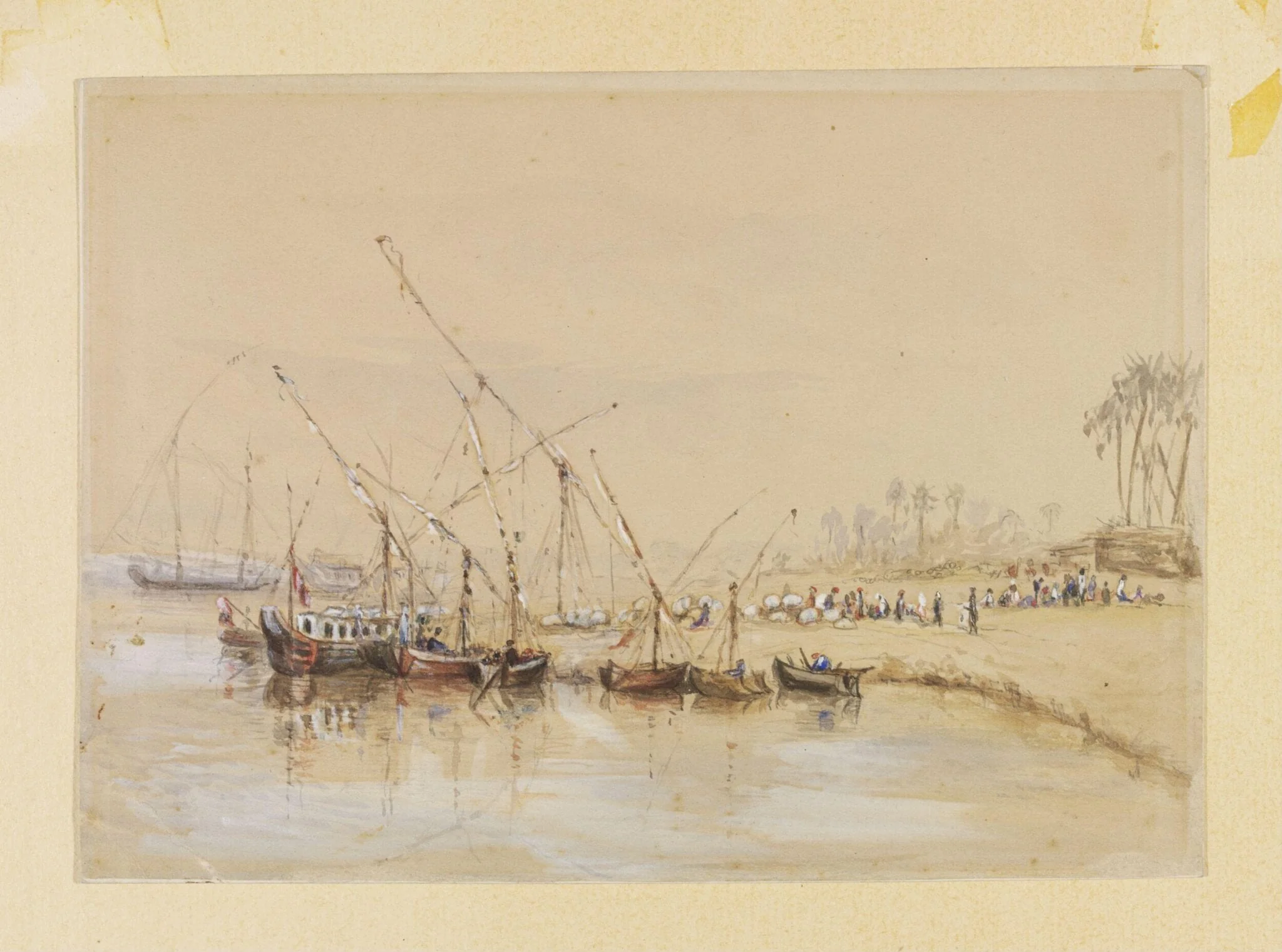 A Scene on the Nile: with dahabiyyahs and bales of cotton being loaded into feluccas