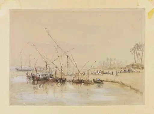 A Scene on the Nile: with dahabiyyahs and bales of cotton being loaded into feluccas