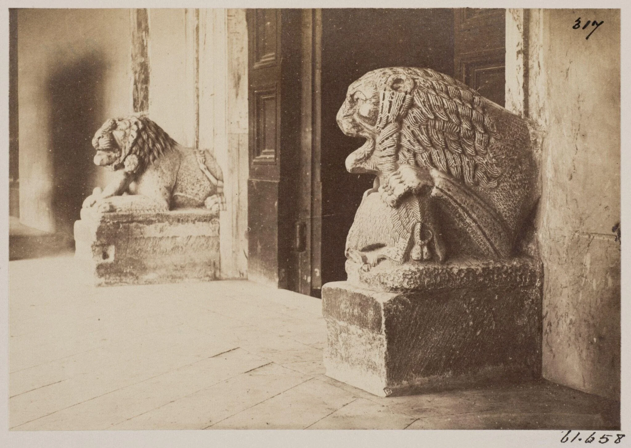 Sculptures - Lions at the Door of the Church of S. Lorenzo, by John Henry Parker, photographic, 1866