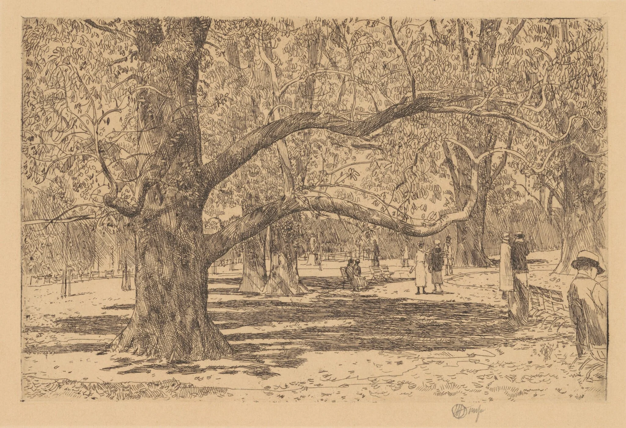 The English Elms, by Childe Hassam, ink, 1933