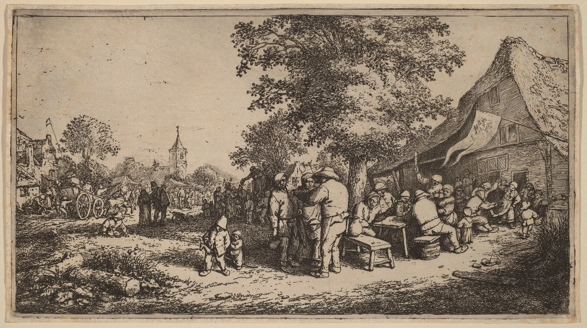 Village Kermesse with Drinkers Under a Tree, by Adriaen van Ostade, ink, 1652